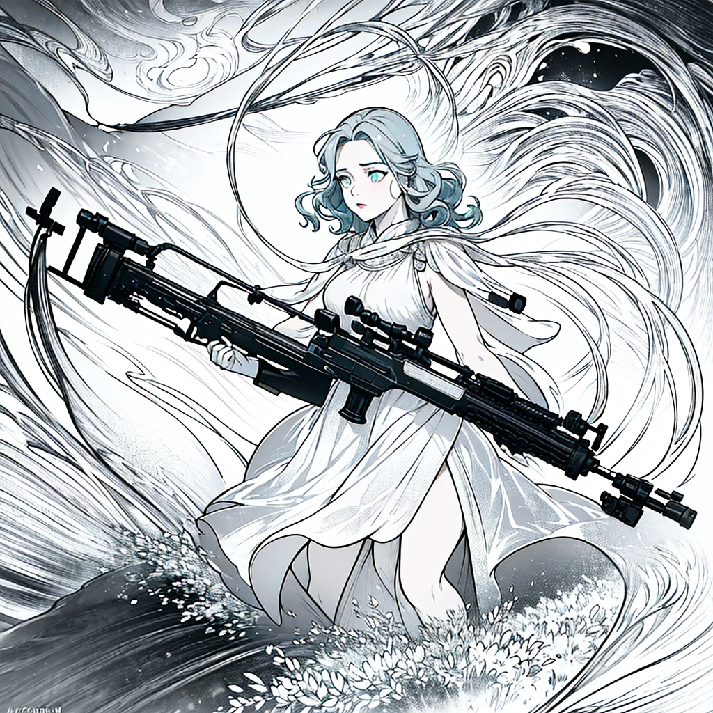 A girl with scar on left eye, olive skin, shoulder-length light blue curly hair, beautiful detailed dark green eyes, beautiful detailed red lips, extremely detailed eyes and face, long eyelashes, dominant expression, cinematic lighting, dramatic shadows, fantasy, concept art, (best quality, 4k, 8k, highres, masterpiece:1.2), ultra-detailed, (realistic, photorealistic, photo-realistic:1.37), anime art, blood on clothes, Russian 12k rifle on back