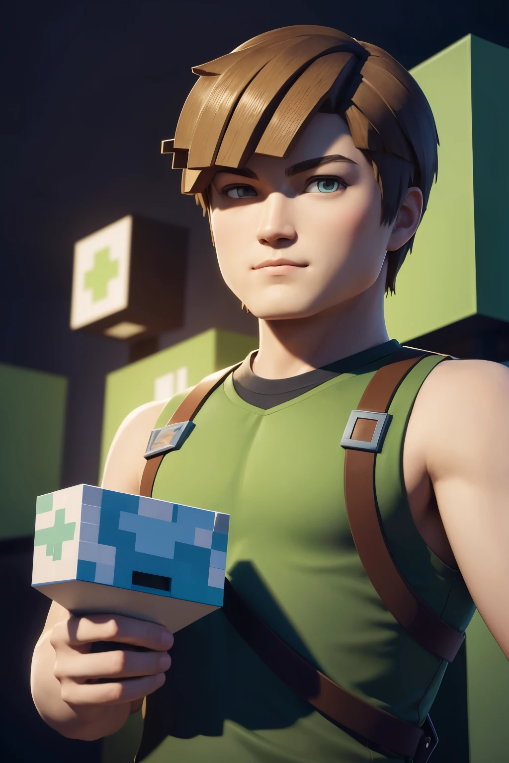 Create a picture of Steve from Minecraft, but like, make it as humanized as possible, with all the characteristics of a human