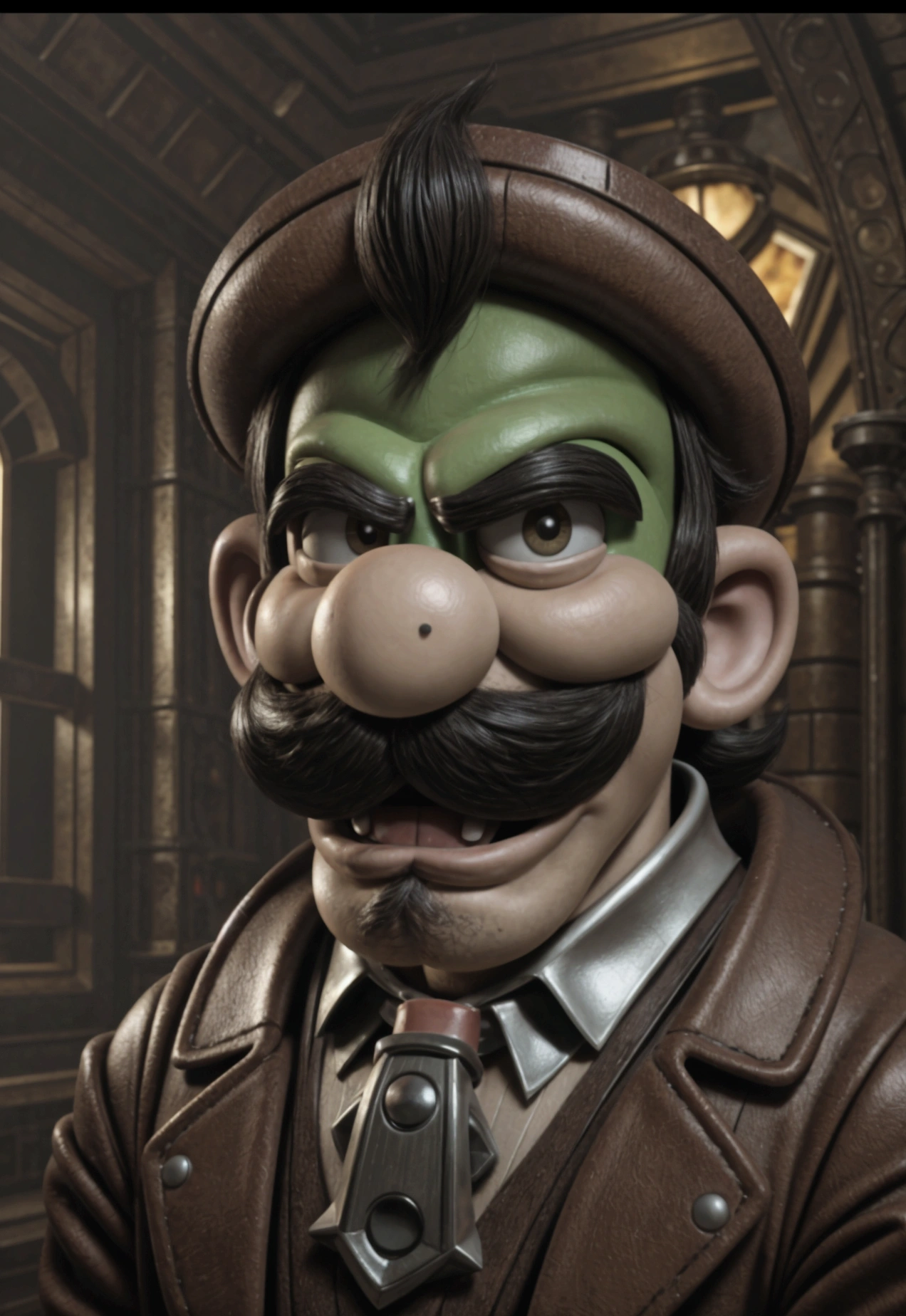 Luigi character from mario bros, dvd screenshot, cinematic lighting, 1980s video, realistc, vhs, dark fantasy ambient