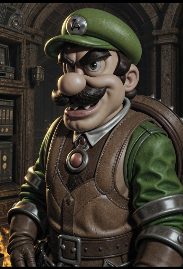Luigi character from mario bros, dvd screenshot, cinematic lighting, 1980s video, realistc, vhs, dark fantasy ambient