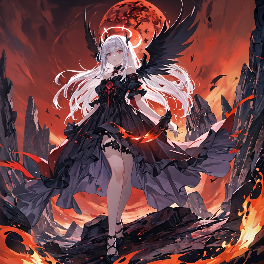 A woman with a demonic body and long white hair, Concept Art:Yang Jay, pixiv Contest Winner, Fantasy art, Devil Anime Girl, Glamorous Supreme Demon Overlord, Demon King, Goddess of Darkness with Six Arms, Fire Demon, デーモンソウルのConcept Art, infernal nymph!!!, Epic anime art, anime Fantasy artwork, Good Hell Art