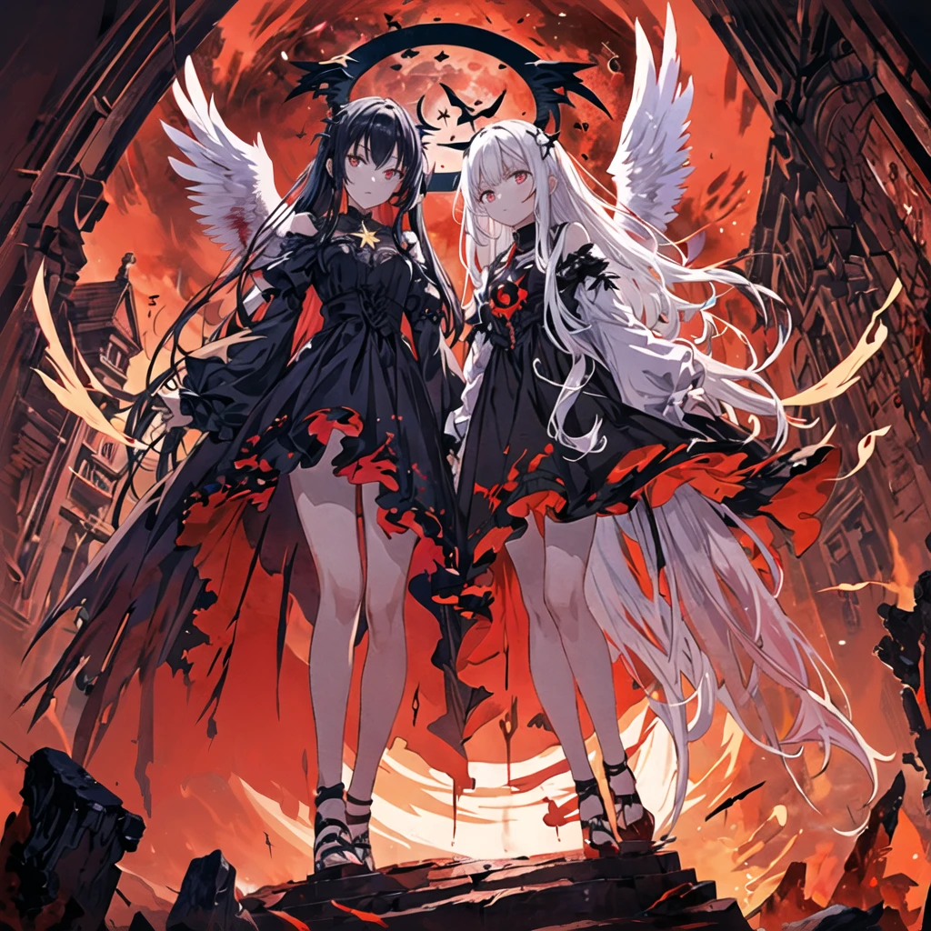 Masterpiece, top quality, bright colors, one girl, white hair, black hair, magenta hair, red eyes, glowing eyes, dark atmosphere, black wings, black halo, fallen angel, from below, descending from heaven, gothic clothes, looking down , Blood, ((Blood Moon, Red Moon))), Purple Aura, Divine Advent, Fire, Cinematic Lighting, Glowing Aura Lighting, Full Body, Spectacular Background, starrystarscloudcolorful