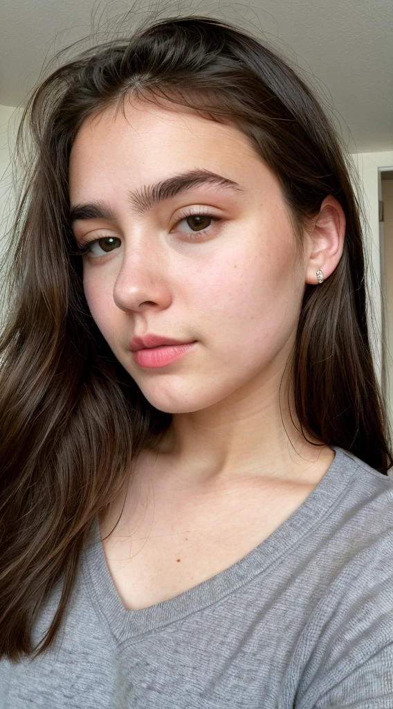 really pretty 15 years old girl. Brown hair. Innocent face. Straight looking to the camera. Facing the camera. Grey eyes. Freckles. Unique face. Beautiful eyes. Thick dark eyebrows. Really Thin nose. Freckles and nice skin. Big cheekbones. Thin eyes. Tiny upper lip. Fat bottom lip. Thick dark eyebrows. Beautiful. Slanted eyes. Ultra realistic looking. Eyes not close to each other, unique eyes. Small eyes
