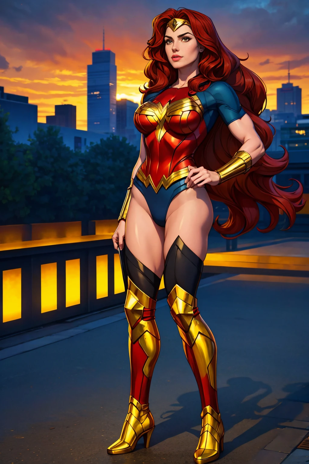((Full body shot, standing, feet on the ground)) ((Full body photo,standing, feet on the ground)) Wonder Woman A red-haired warrior man with yellow eyes wearing black and gold Superman armor, (best quality, 4k, 8k, high resolution, cyclist body, masterpiece: 1.2), ultra-detailed, (realistic, photorealistic, photorealistic: 1.37), full body photo, yellow high boots, voluminous hair, beauty pose, standing, show feet, outside, city roof at night, green bandana