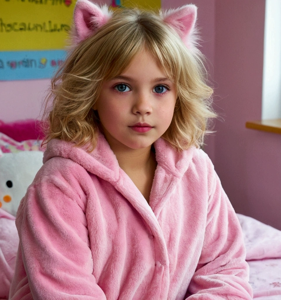 hermosa niña 👧🏼 de niña rubia de 10 años en pijama rosa: beautiful leaden eyes, (big tits), sexy, at school, short golden hair, disheveled hair, (ultra realistic fur), disheveled hair, very cute, (The most beautiful face in the world), sexy thighs, shy.