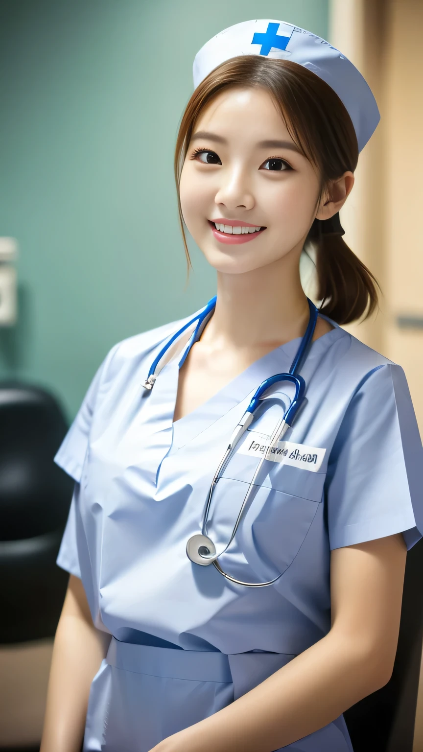 (Ulzzang-6500-v1.1, masterpiece, highest quality:1.3, ultra-detailed 8k:1.2, hyperrealistic:1.35, raw photo:1.2, highest quality, high resolution, wallpaper, realistic, dramatic, realistic painting art by midjourney:1.3, 1 nurse, 28yo, white nurse uniform, basic nurse cap, short white tight skirt:1.3, super beautiful, beautiful skin, dimples, beautiful and detailed eyes, detailed face, symmatrical face, perfect style, treatment room in a hospital room, cowboy_shot, ample bosom, very detailed face, stethoscope, double eyelid, snaggle-tooth, brown eyes, short ponytail hair, chest strengthening, emphasize body line, friendly smile, beautiful lips, glossy lips, white teeth, detailed background of the hospital room, perfect lighting, natural soft light)