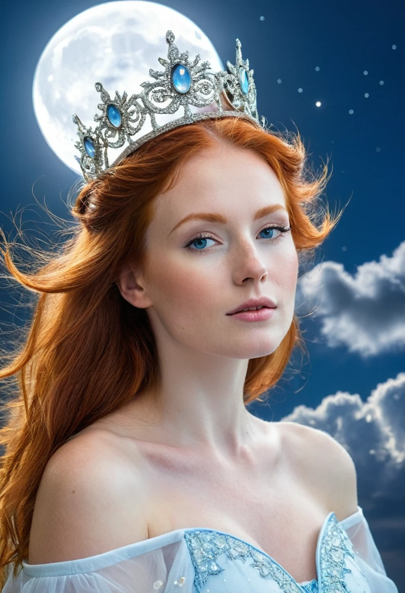 beautiful redhead with a crown of rays, surrounded by with a beautiful blue moon in the background and white clouds