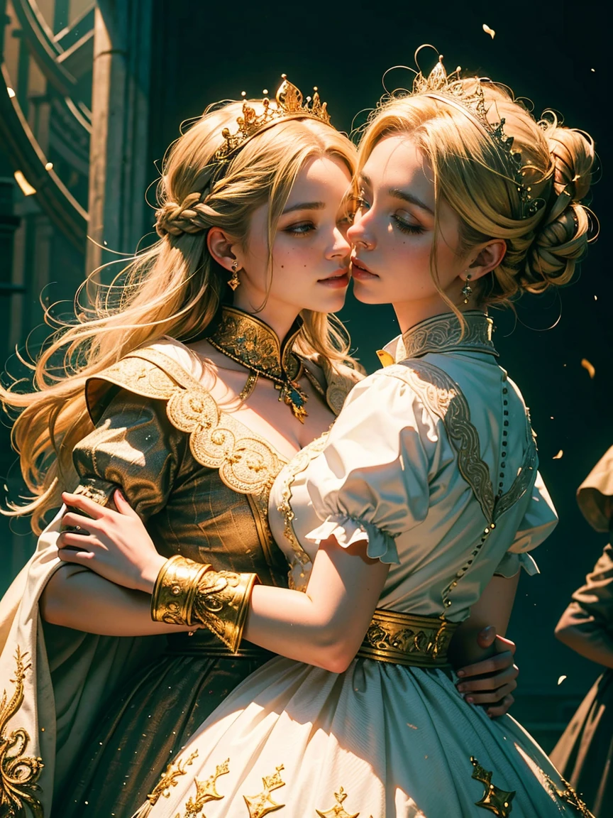 Gorgeous court costumes, blonde hair, french braid, crown, mole under eye, light smile, Renaissance, ray tracing, Sony FE GM, masterpiece, UHD, anatomically correct, textured skin, perfect anatomy, two girls are deeply in love with each other, kiss
