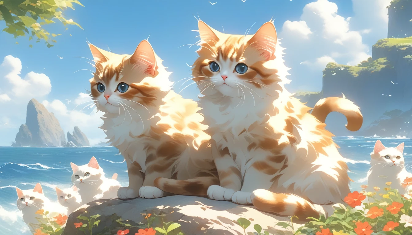 ((Masterpiece)), ((Best Quality)), (Very Detailed), ((Very Detailed)), 4K, (8K), very aesthetic, absurdres highres, On a sunny day with blue skies and clouds floating in the sky, the island is full of cats. You can see many cats. The cats play in the meadows and flower fields and run through the trees. The blue sea surrounds the island and the sound of waves crashing on the rocks can be heard. The cats' fur reflects the light, creating a joyful, relaxed atmosphere in the natural sunlight.”