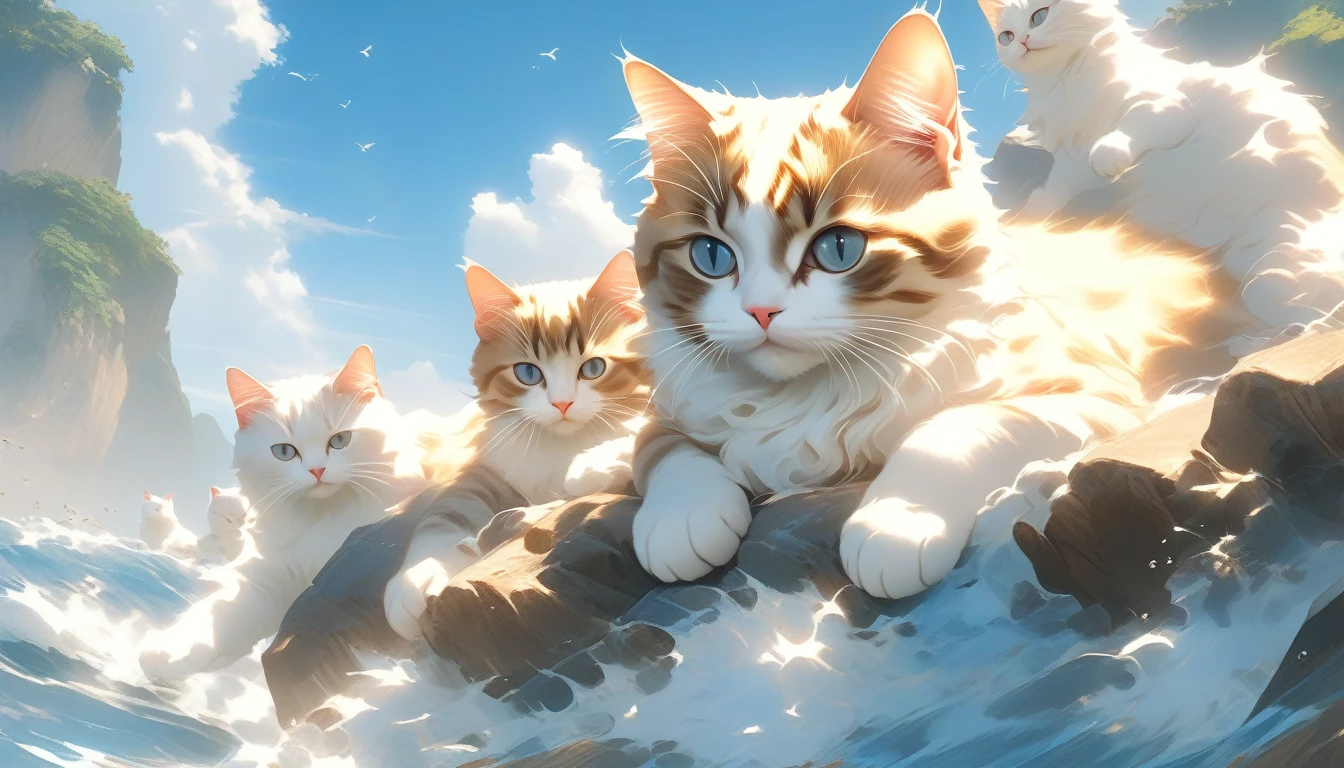 ((Masterpiece)), ((Best Quality)), (Very Detailed), ((Very Detailed)), 4K, (8K), very aesthetic, absurdres highres, On a sunny day with blue skies and clouds floating in the sky, the island is full of cats. You can see many cats. The cats play in the meadows and flower fields and run through the trees. The blue sea surrounds the island and the sound of waves crashing on the rocks can be heard. The cats' fur reflects the light, creating a joyful, relaxed atmosphere in the natural sunlight.”