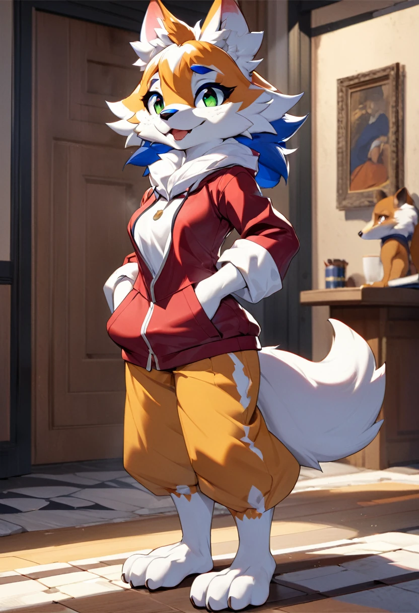 Mobian, red panda, female,huge  , white pants, purple unbuttoned shirt, black undershirt, high detail, masterpiece, UHD, anatomically correct, super detail, highres, 4K