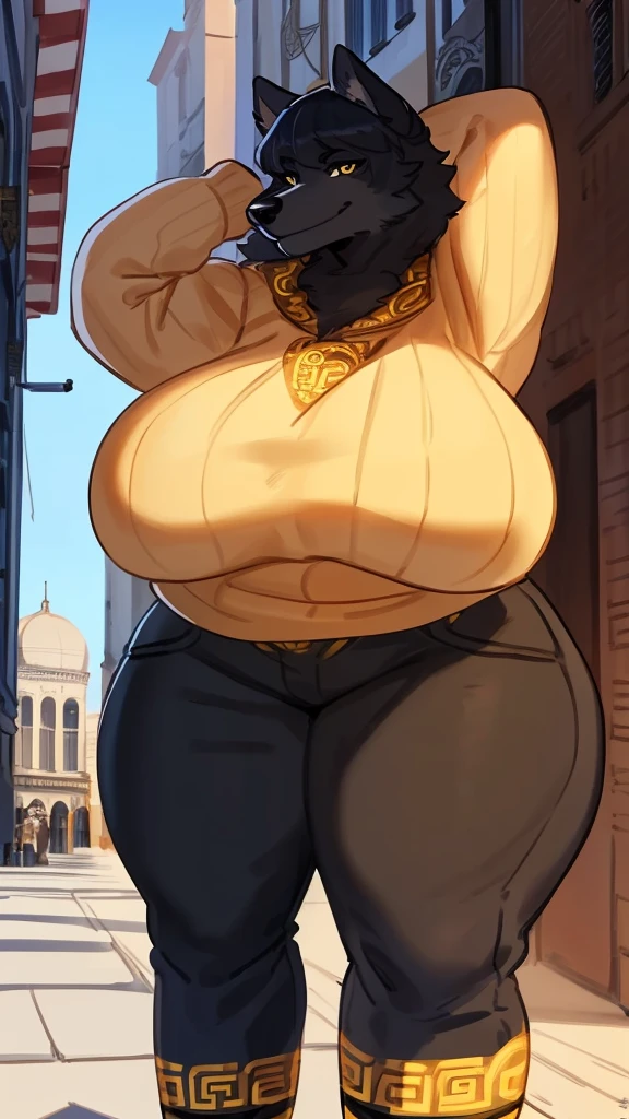 By bebebebebe, by lostgoose, by goonie-san, solo, muscular, canine, ((black wolf, fluffy)), smirking, hands behind head, ((coppe4 hair)), (snout), big breasts, curvy, thicc, overweight, milf, chubby, standing, wrinkly, italian city, massive, size of a building, ((she is a 20 foot tall woman)), detailed eyes, (((versace))), cleavage, sweater, pants