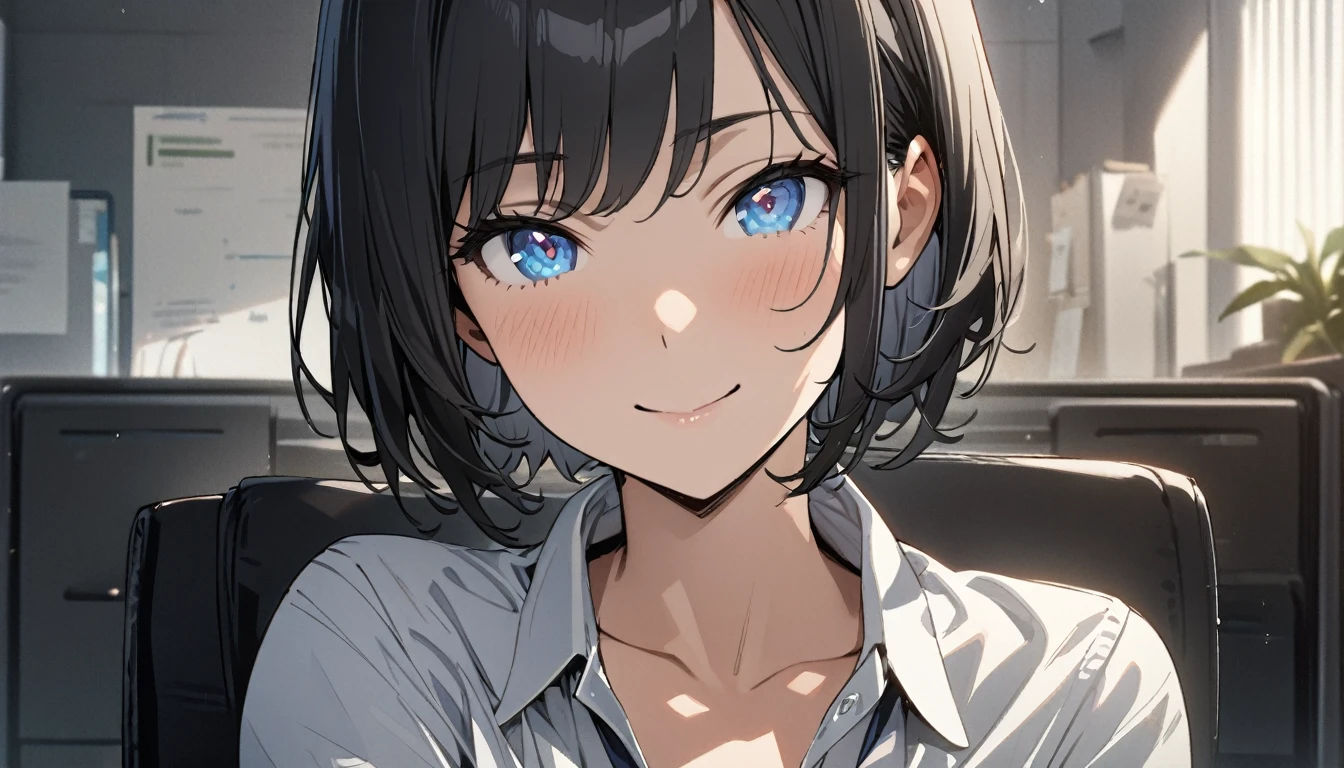 1girl, solo, gentle smile on her face flat chest, short hair, blue eyes, (detailed eyes), black hair, upper body, ((masterpiece, illustration, best quality)) ((best quality)), ((masterpiece)), (detailed), perfect face, Office lady, black hair, short hair, office suit, ultra high resolution, ultra high details