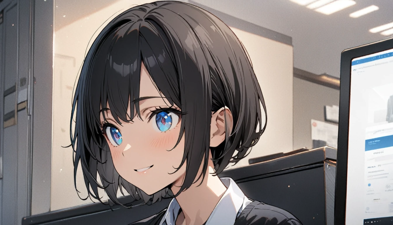 1girl, solo, gentle smile on her face flat chest, short hair, blue eyes, (detailed eyes), black hair, upper body, ((masterpiece, illustration, best quality)) ((best quality)), ((masterpiece)), (detailed), perfect face, Office lady, black hair, short hair, office suit, ultra high resolution, ultra high details