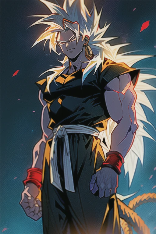 Son Goku gt, Son Goku, super saiyan 4, Dragon Ball GT 1 boy, White Saiyan tail, (pretty long hair), (red eyeliner), contra-luz, yellow  eyes, white  hair, cloused mouth, dougi, lock of hair, hands up, light particles, looking ahead at viewer, male focus, muscular, 肌肉男, pectorals, ssmile, standing alone, long hair, trunk, bracelet, ((work of art)) Japanese clothing