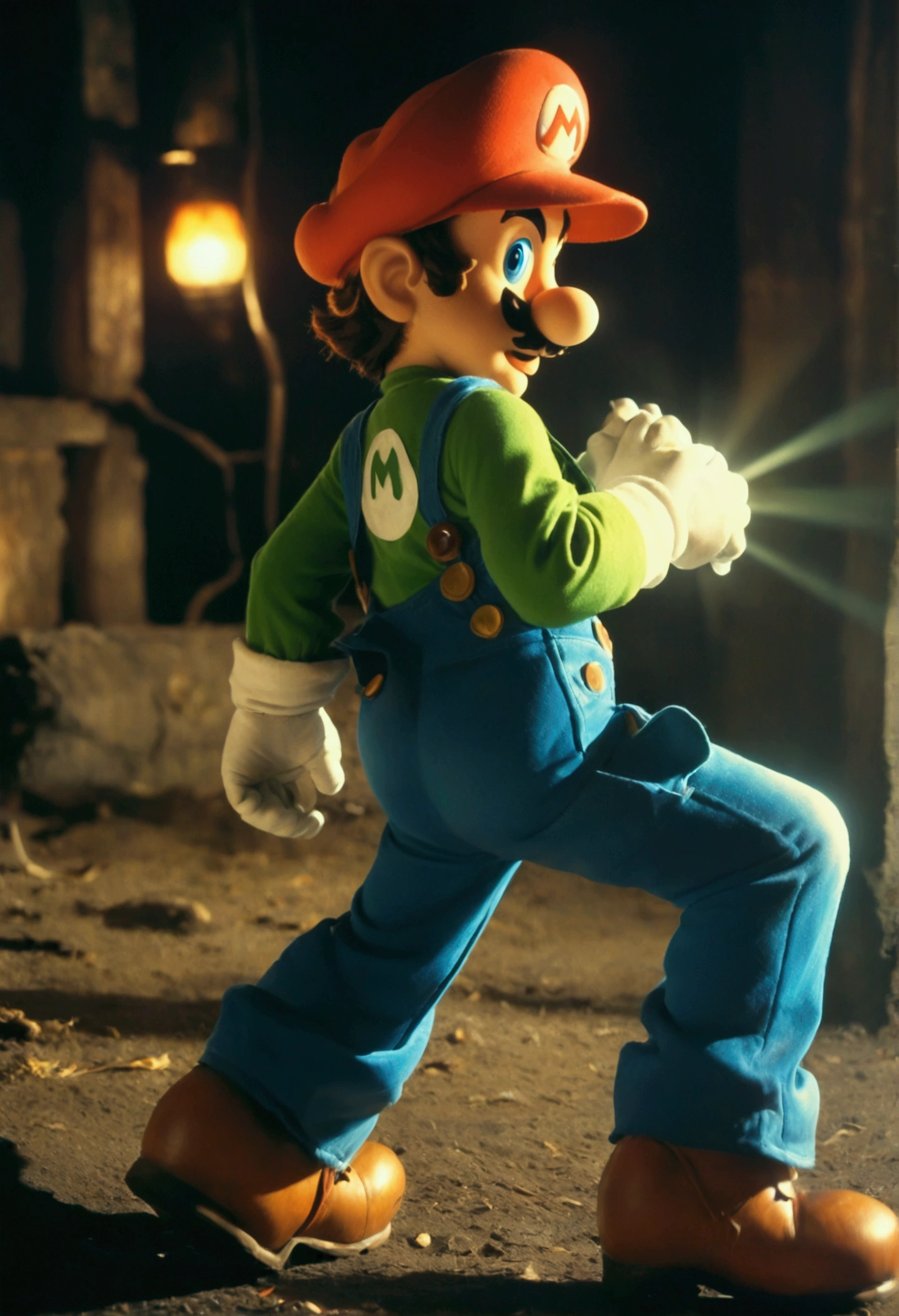 Luigi character from mario bros, dvd screenshot, cinematic lighting, 1980s video, realistc, vhs, dark fantasy ambient