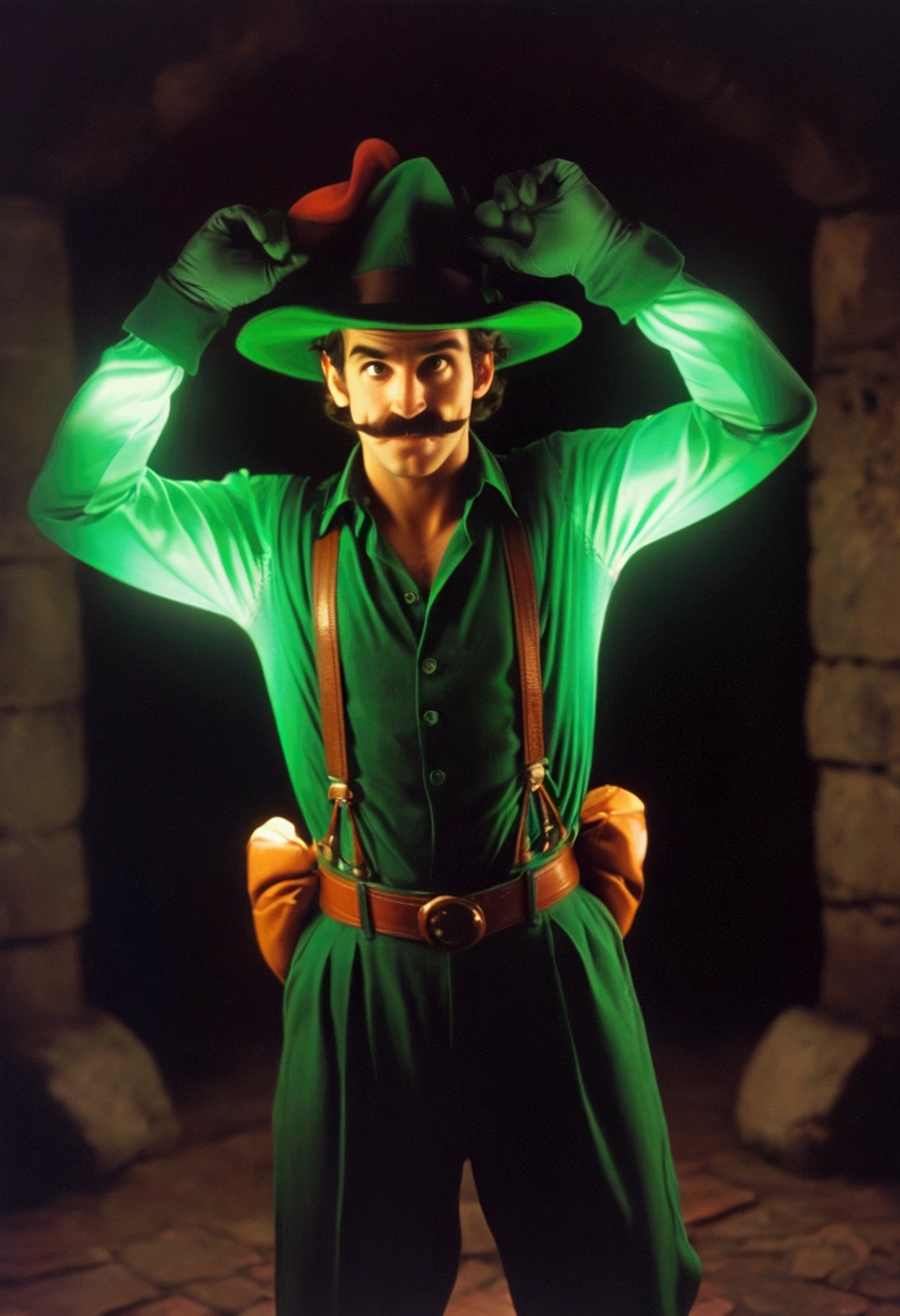 Luigi character from mario bros, dvd screenshot, cinematic lighting, 1980s video, realistc, vhs, dark fantasy ambient