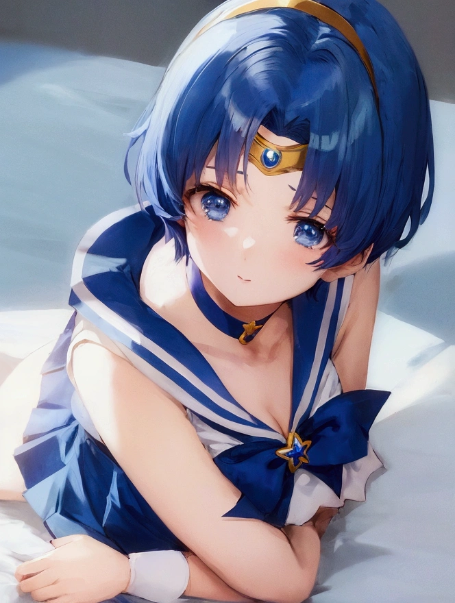 {{Sailor Mercury}}１４Year　so beautiful,　((Very small breasts)) Highest quality, Realistic, Complex, Overall Details　Blue Hair, Magical girl, eye are blue, Blue Skirt, Cute white panties 白い肘までの長さの手袋, tiara, Pleated skirt ,Blue long boots　Light Blue Sailor Necklace, mini skirt, choker, blue choker, White gloves　Cute white panties　 Realistic park　((On the grass))　Raise your arms　Spread your legs　Sloppy posture　nap　(((((close ~ eye))))))　(((sleeping face))) Beautiful armpits　Armpit sweat　Blushing