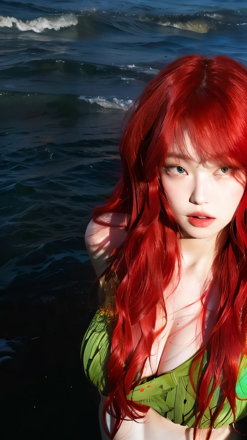 arafed woman with red hair standing in the ocean, with long red hair, with red hair, crimson red hair and red eyes, red dyed hair, with red hair and green eyes, red wig, She has red hair, with red hair cacheado, long red hair hair with white highlights, bright red hair, red-haired goddess, she has long curly hair