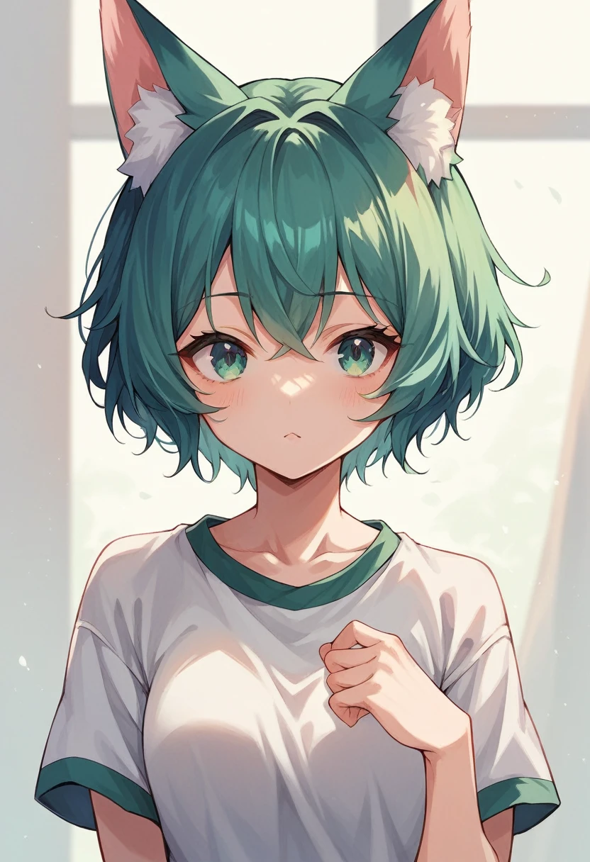 a closeup of a cartoon character with fox ears, fox girl, mikudayo, anime moe art style, Cat Mimi, short hair, anime girl with teal hair