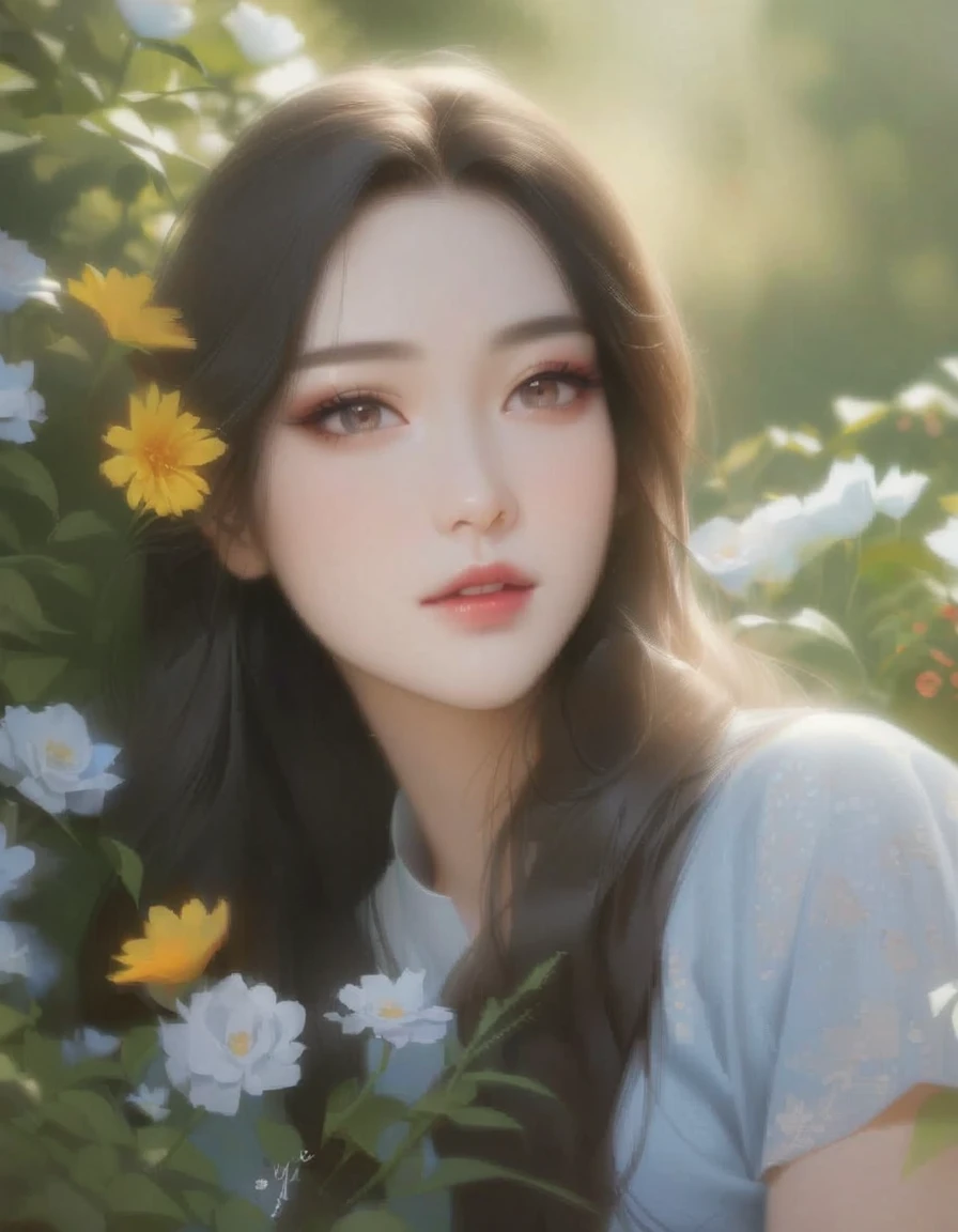 Close-up of a woman with long hair and a blue shirt, Popular Korean makeup, Dilraba Dilmurat, Popular Korean makeup, Beautiful Korean Women, Beautiful portrait, Soft Portrait Shot 8k, korean artist, Beautiful young Korean woman, Beautiful aesthetic face, With flowers, Written by Tang Xinyun Senna, Realistic. Chen Yi