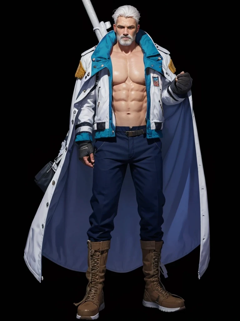a strong man, with a big white jacket, with a pair of pants, with white hair,