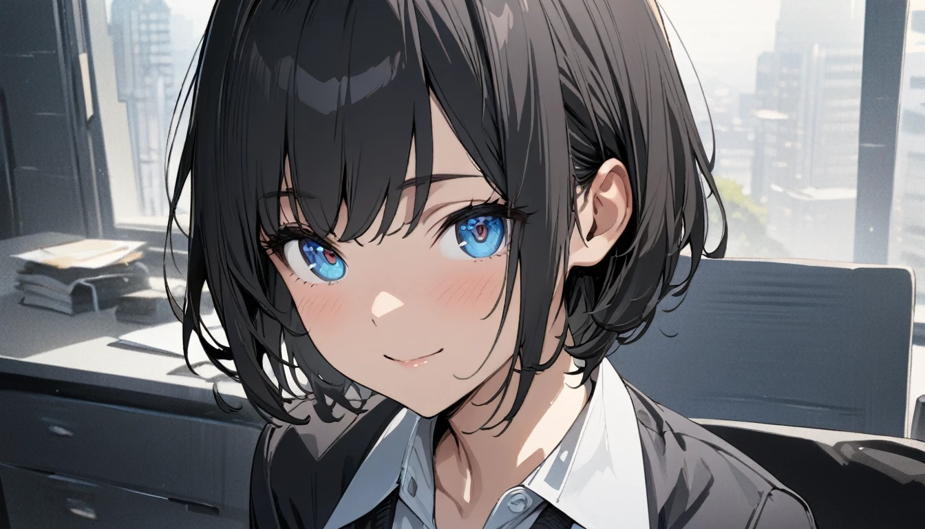 1girl, solo, gentle smile on her face flat chest, short hair, blue eyes, (detailed eyes), black hair, upper body, ((masterpiece, illustration, best quality)) ((best quality)), ((masterpiece)), (detailed), perfect face, Office lady, black hair, short hair, office suit, ultra high resolution, ultra high details, upper body only