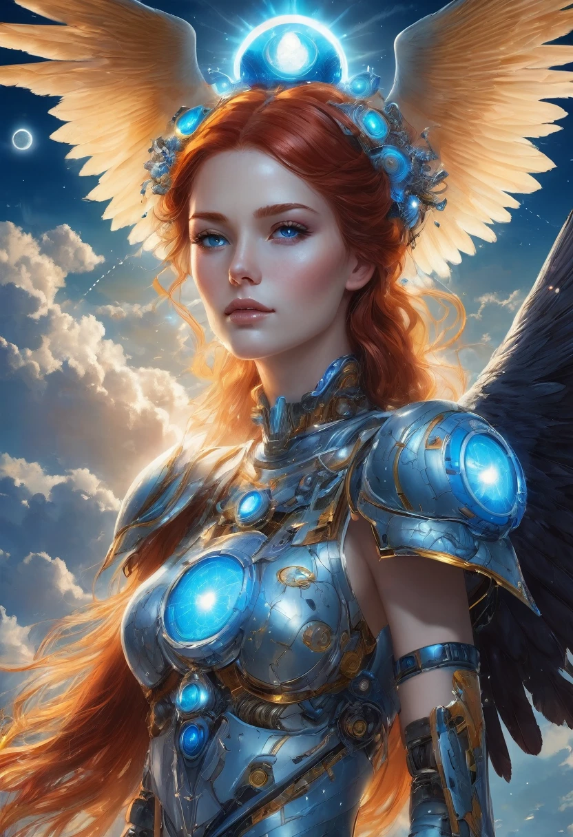 beautiful redhead with a crown of rays, surrounded by blue robotic eagles with a beautiful blue moon in the background and white clouds
