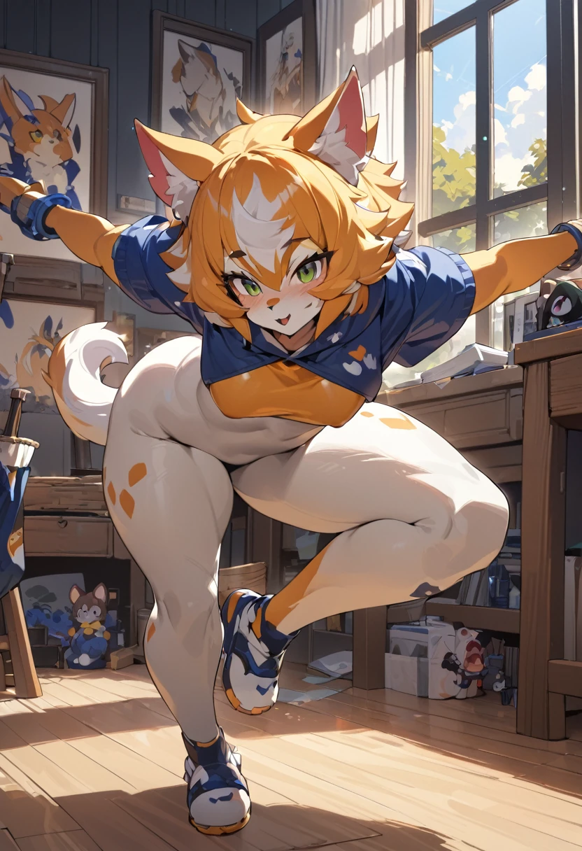 highres, top quality, best quality, paid reward available, High-quality illustrations by Johannes Vermeer, unparalleled masterpiece, perfect artwork, absurdres, perfect anatomy(highly detailed beautiful face and eyes)(angelic cute 1girl, kemono, solo focus)furry anthr, full body, dynamic pose,