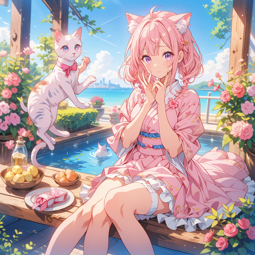 Cute With a girl cat ears、Japanese anime style、Moe、（Full body 2.0）、（Only 1 person 2.1）、（No background 1.8）、Lifelike and detailed body、、With a girl、Childish、************、Hair length、Bans、Pink Hair、Lifelike and detailed face、Beautiful eyes with realistic detail,、 Real and highly delicate arms and hands、A highly realistic and detailed human hand（Five fingers）、The most beautiful girl in the world、Delicate and beautiful pink cat eyes、Real skin texture、Private Server、****ta、mini skirt、（Lifelike and detailed pink stockings 2.5）、（Lifelike long boots 1.5）