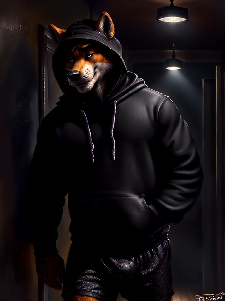 by personalami, by place, by kenket, by taran violinist, male, alone, antro (fox), (fnaf), (sly), Adult, Photorealistic, Hyper realistic, ultra-detailed, natural pose, (muscular, burly), (( run)), ((safety short hoodie:1.2)), (furry), ((butt view)), (detailed background, hallway), ((mature male)), father figure, mature male, hunk , daddy, dilf, ((highly detailed clothing)), ((Highly detailed tail)), ((from behind)), ((highly detailed skin texture)), ((highly detailed hands)), ((highly detailed hands) well drawn)), ((down hoodie)), ((very detailed lighting)), ((natural lighting)), ((black boxers)), ((security guard cap)), ((Night )), ((dark)) A semi-medium long flaccid penis with foreskin visible, testicles,