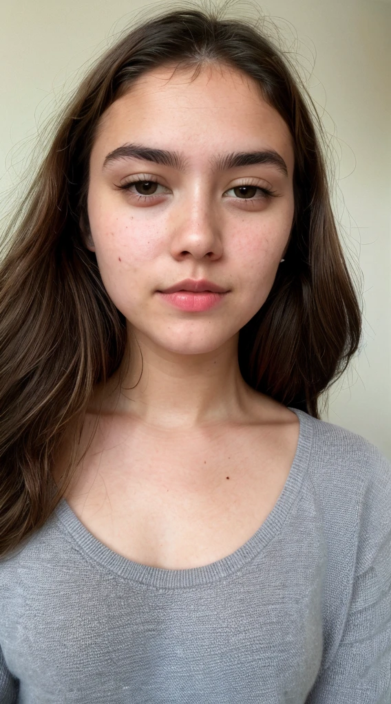 really pretty 15 years old girl. Brown hair. Innocent face. Straight looking to the camera. Facing the camera. Grey eyes. Freckles. Unique face. Beautiful eyes. Thick dark eyebrows. Really Thin nose. Freckles and nice skin. Big cheekbones. Thin eyes. Tiny upper lip. Fat bottom lip. Thick dark eyebrows. Beautiful. Slanted eyes. Ultra realistic looking. Eyes not close to each other, unique eyes. Similar to Mojica belucci