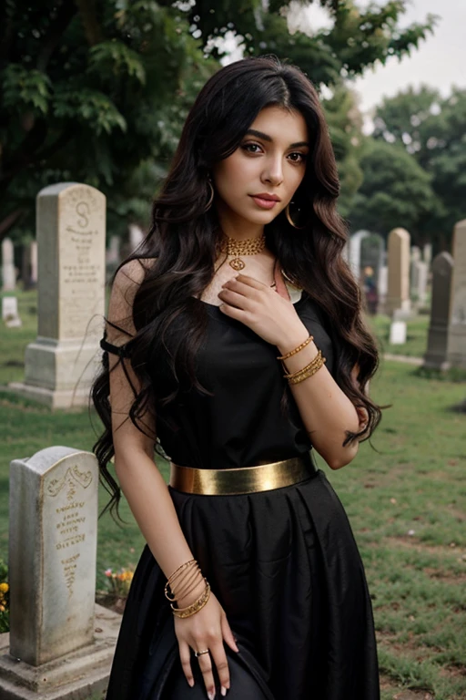 Persian woman long and beautiful wavy hair unique beauty wearing Persian clothing with voluminous skirt black skirt with gold details many bracelets and rings in the middle of a cemetery 