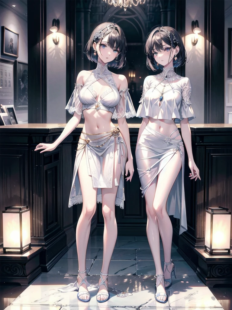 absurdres, RAW photo, extremely delicate and beautiful, masterpiece, Best Quality, ultra high resolution, 32k, hyperrealistic, ultra-detailed, in her 20s, delicate facial features, beautiful detailed girl, tearful mole, earring, medium breasts, full body shot, shorter middle hair, black hair, exorcist,