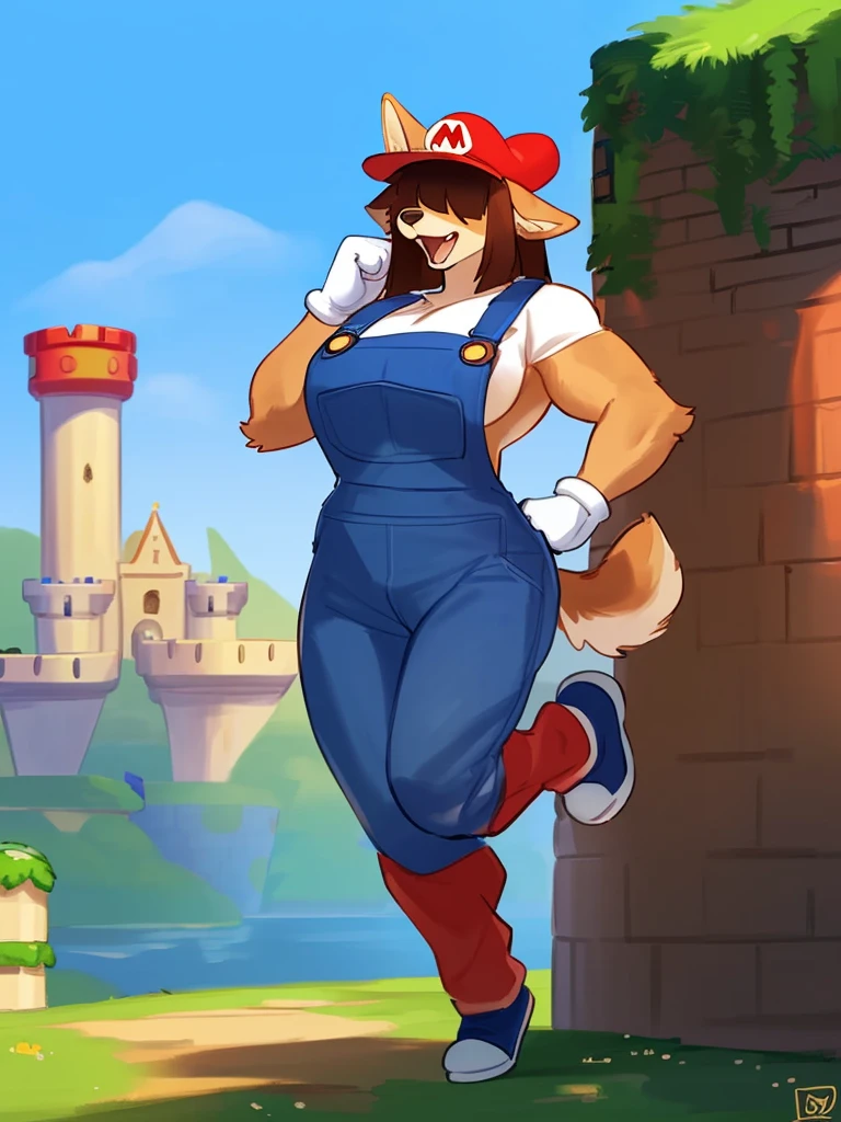 By bebebebebe, by lostgoose, by goonie-san, female, ((canine, snout, hair covering eyes, straight hair, medium hair, flat hair, ears, thin snout)), brown fur, big poofy tail, raised tail, dark maroon hair, ((muscular)), (big breasts), solo, standing, smiling, happy, open mouth, ((dressed like mario, red mario hat, blue overalls, white gloves)), nintendo, castle in the background, mushroom kingdom, (jumping up, hands in fists)