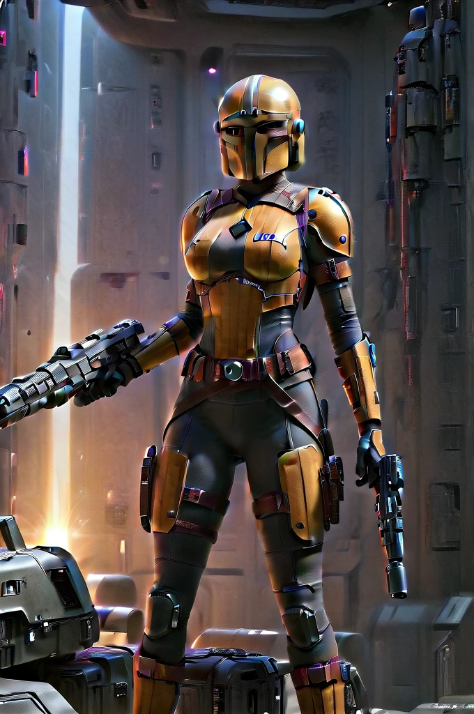 A female Twi'lek Mandalorian, detailed futuristic armor, intricate helmet, jetpack, blaster rifle, epic pose, dramatic lighting, gritty sci-fi atmosphere, cinematic, dramatic colors, highly detailed, 8k, photorealistic, masterpiece