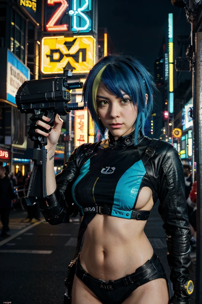 masterpiece, cyberpunk, crowd, city, night, neon light, toned, sci-fi, extremely detailed 8k wallpaper, 1girl, holding gun, battle, multicolored hair, blue hair, short hair, yellow eyes, two-tone hair, streaked hair, xenovia quarta dxd