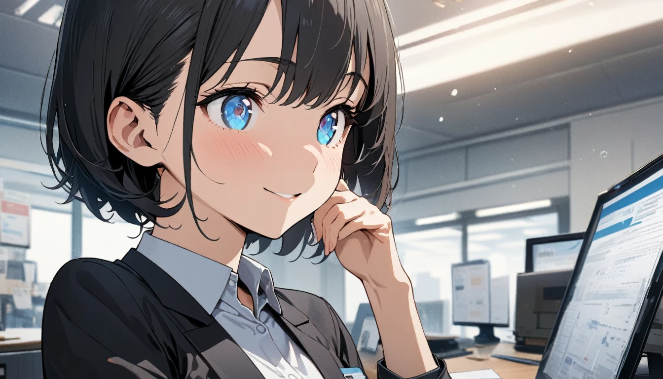 1girl, solo, gentle smile on her face flat chest, short hair, blue eyes, (detailed eyes), black hair, ((masterpiece, illustration, best quality)) ((best quality)), ((masterpiece)), (detailed), perfect face, Office lady, black hair, short hair, office suit, ultra high resolution, ultra high details, upper body only