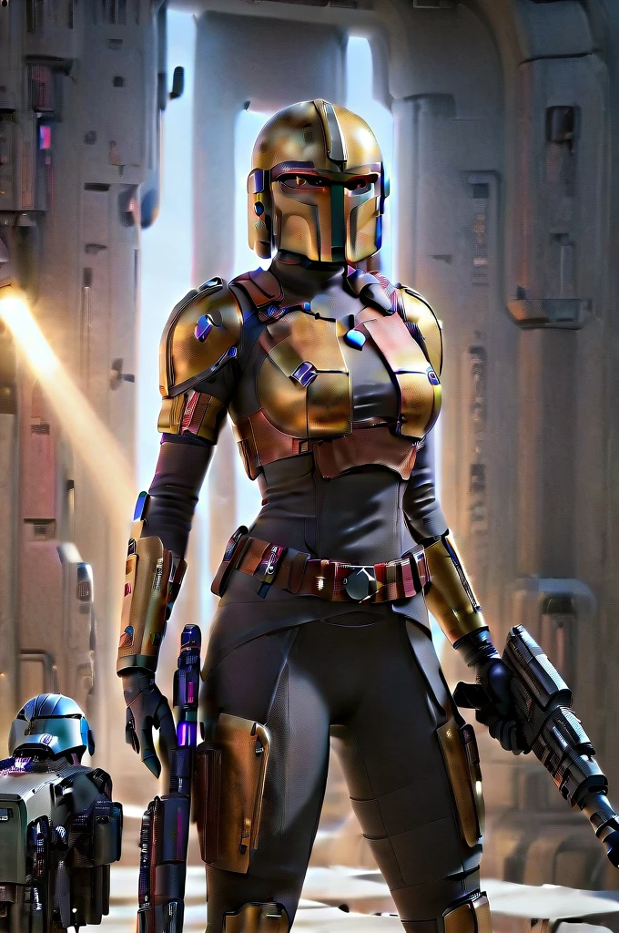 A female Twi'lek Mandalorian, detailed futuristic armor, intricate helmet, jetpack, blaster rifle, epic pose, dramatic lighting, gritty sci-fi atmosphere, cinematic, dramatic colors, highly detailed, 8k, photorealistic, masterpiece