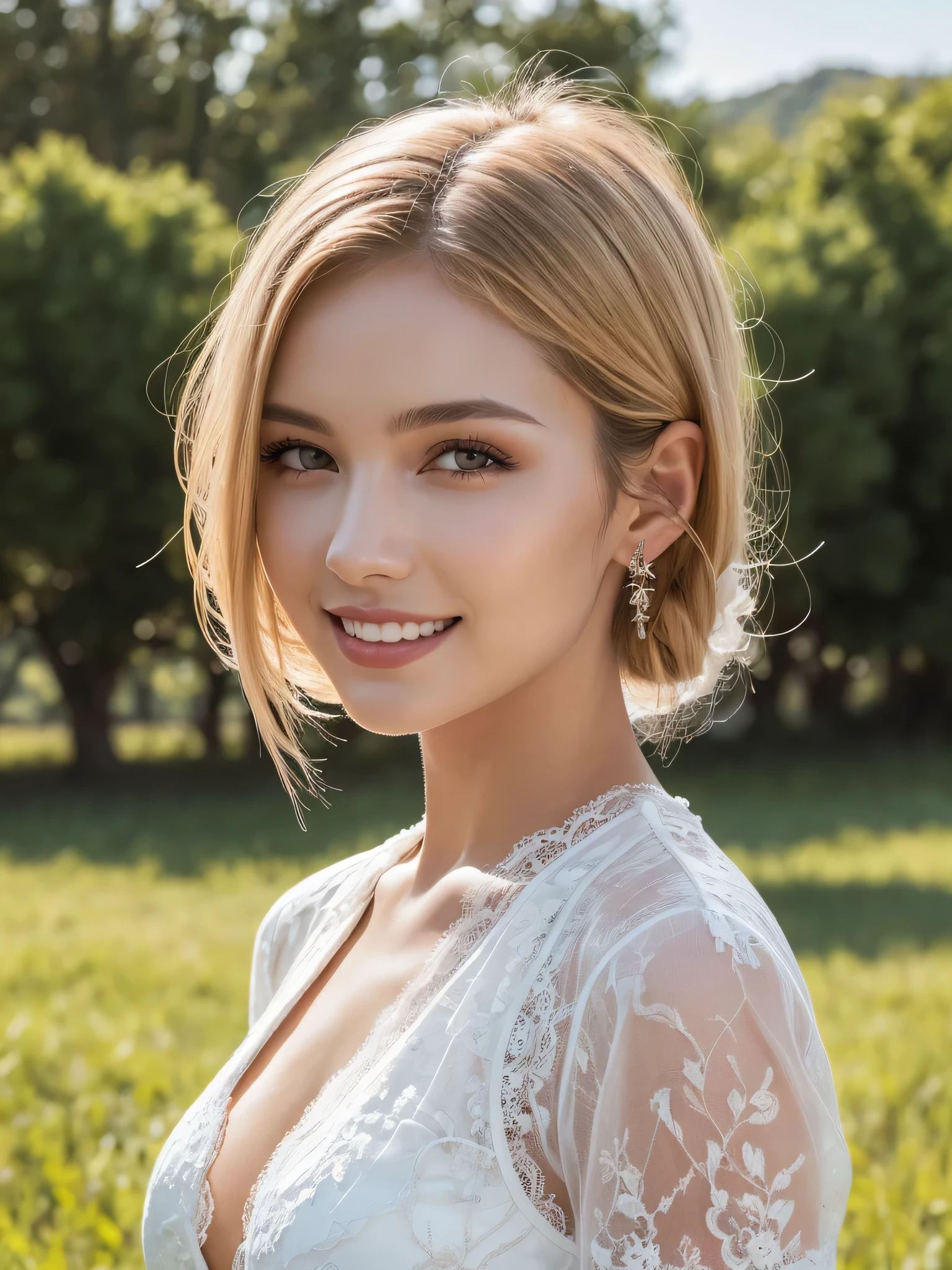 1Women, unique faces, (beautiful women, blonde hair), (smile:1.2), (beautiful lace costumes), (Best Quality:1.4), Realistic, extremely detailed CG unified 8k wallpaper, highly detailed, High-definition raw color photos, professional photography, Realistic portrait, Close up portrait of Women, Outdoors, Beautiful scenery, grassland, nature, vastness, elegance, Beautiful detailed, upper body photos, (Fine face:1.2),