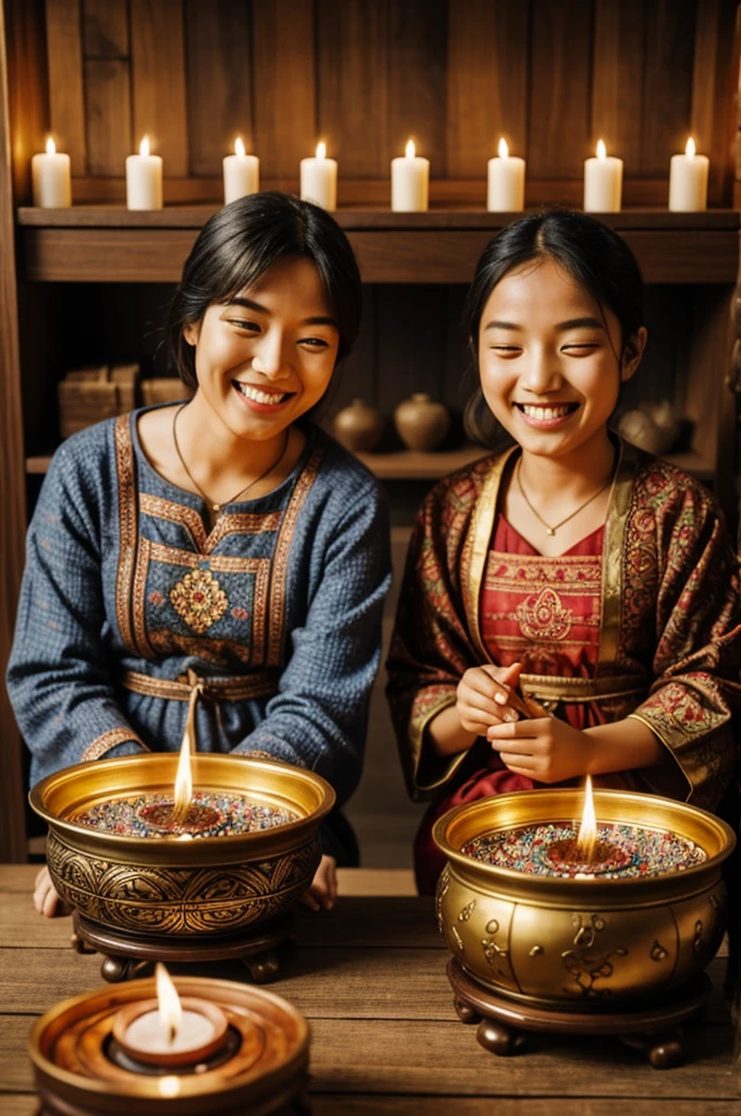 Two friends smiling surrounded by many incense burners 