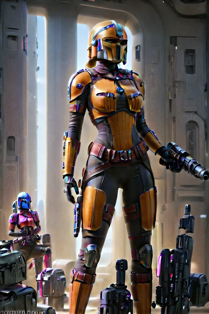 A female Twi'lek Mandalorian, detailed futuristic armor, intricate helmet, jetpack, blaster rifle, epic pose, dramatic lighting, gritty sci-fi atmosphere, cinematic, dramatic colors, highly detailed, 8k, photorealistic, masterpiece