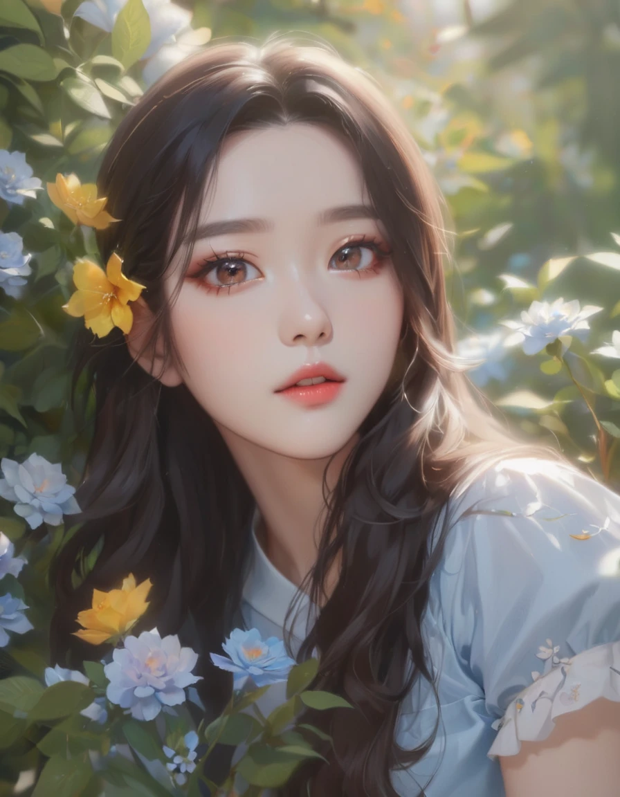 Close-up of a woman with long hair and a blue shirt, Popular Korean makeup, Dilraba Dilmurat, Popular Korean makeup, Beautiful Korean Women, Beautiful portrait, Soft Portrait Shot 8k, korean artist, Beautiful young Korean woman, Beautiful aesthetic face, With flowers, Written by Tang Xinyun Senna, Realistic. Chen Yi