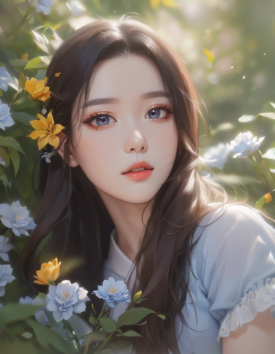 Close-up of a woman with long hair and a blue shirt, Popular Korean makeup, Dilraba Dilmurat, Popular Korean makeup, Beautiful Korean Women, Beautiful portrait, Soft Portrait Shot 8k, korean artist, Beautiful young Korean woman, Beautiful aesthetic face, With flowers, Written by Tang Xinyun Senna, Realistic. Chen Yi