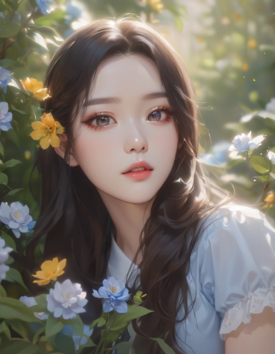 Close-up of a woman with long hair and a blue shirt, Popular Korean makeup, Dilraba Dilmurat, Popular Korean makeup, Beautiful Korean Women, Beautiful portrait, Soft Portrait Shot 8k, korean artist, Beautiful young Korean woman, Beautiful aesthetic face, With flowers, Written by Tang Xinyun Senna, Realistic. Chen Yi