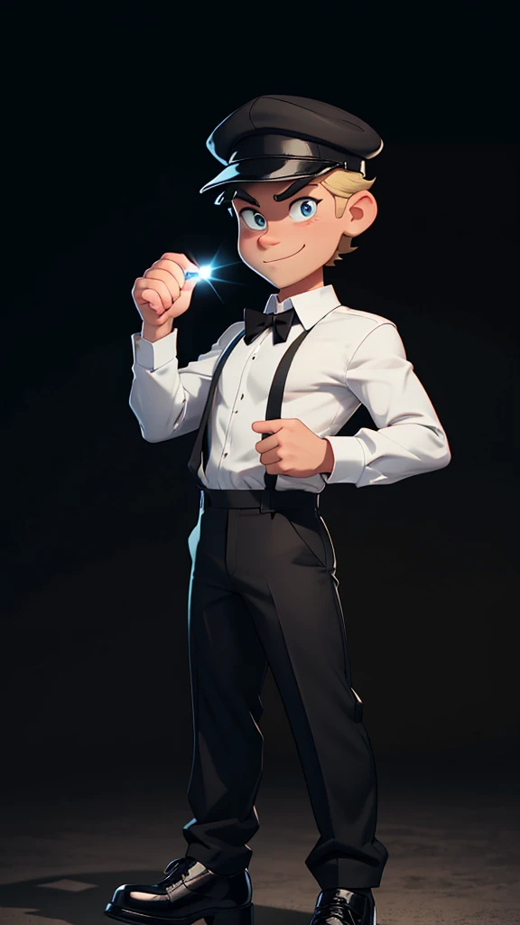 create a male character wearing a black cap, white long-sleeved dress shirt and black tie, black dress pants and safety shoes with a flashlight in his hands looking for something Cartoon style