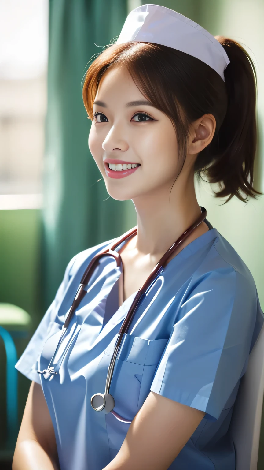 (Ulzzang-6500-v1.1, masterpiece, highest quality:1.3, ultra-detailed 8k:1.2, hyperrealistic:1.35, raw photo:1.2, highest quality, high resolution, wallpaper, realistic, dramatic, realistic painting art by midjourney:1.3, 1 nurse, 28yo, white nurse uniform, basic nurse cap, short white tight skirt:1.3, super beautiful, beautiful skin, dimples, beautiful and detailed eyes, detailed face, symmatrical face, perfect style, treatment room in a hospital room, cowboy_shot, ample bosom, very detailed face, stethoscope, double eyelid, snaggle-tooth, brown eyes, short ponytail hair, chest strengthening, emphasize body line, friendly smile, beautiful lips, glossy lips, white teeth, detailed background of the hospital room, perfect lighting, natural soft light)