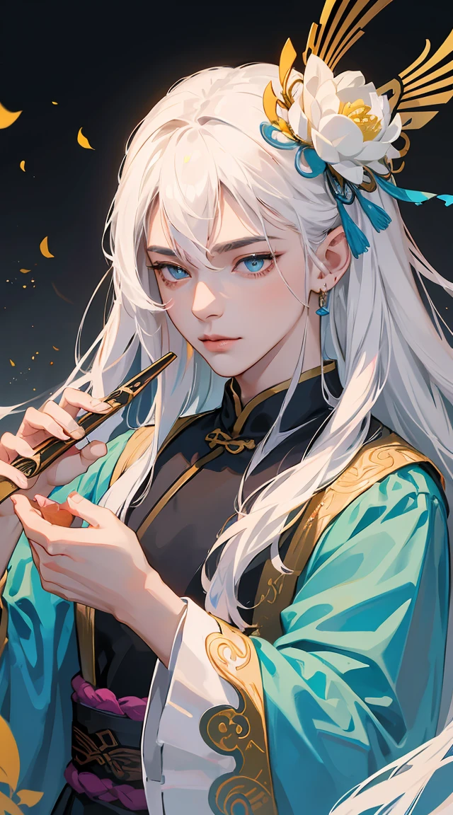 best qualityer,ultra detali,realisitic:1.37),LONG white hair, Light blue iris,tall and strong chinese man, moderno, black and gold traditional chinese clothing , milky and smooth skin, with a dagger in his hand, Pink lotus flower particles,d&charachter,sharp focus,Physically based rendering,proffesional,bright coloured,bokeh,portraite, anatomically perfect hands, pleasant and beautiful face, fierce gaze