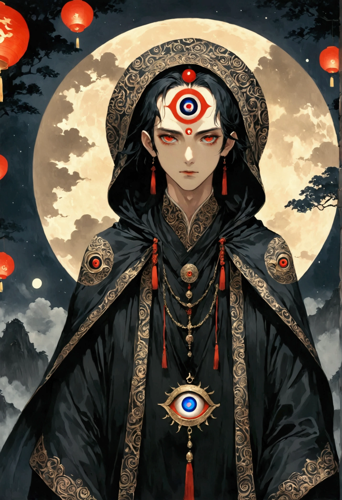 Art Illustration,Dark Style,(((1 Boy,独奏,third eye on the forehead,))),(((Hooded Cape:1.6,Eye Diagram,Dark Pattern))).whole body,Paper lanterns in the sky,Kongming Lantern,Death Stare。,moonlight