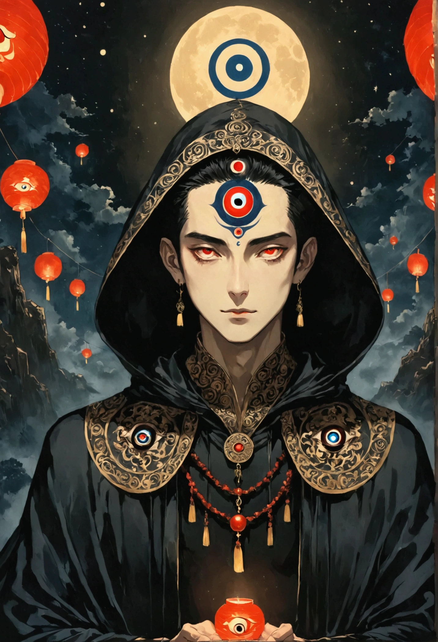 Art Illustration，Dark Style，(((1 Boy，独奏，third eye on the forehead，))),(((Hooded Cape：1.6，Eye Diagram，Dark Pattern))).whole body，Paper lanterns in the sky，Kongming Lantern，Death Stare。，moonlight